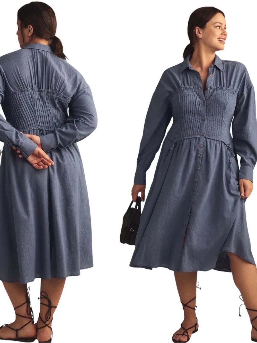 Pilcro Dusty Blue Button-Front Midi Shirtdress with Smocked Waist - Picture 1 of 13